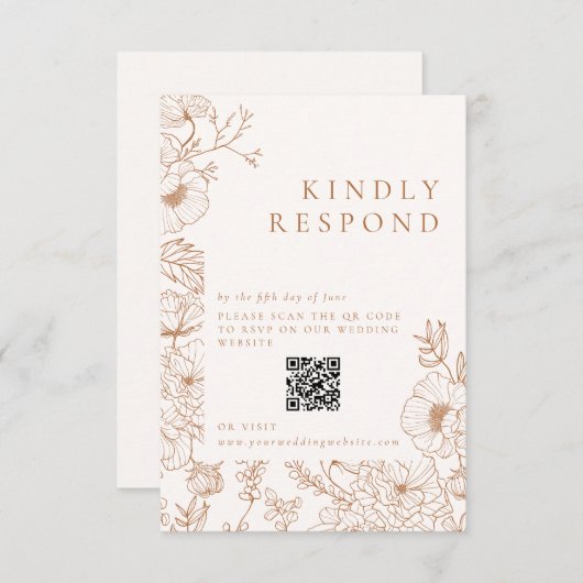 Bloemige Lijnkunst Terracotta Bruiloft RSVP Kaartje (Voorkant / Achterkant)