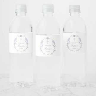 Bloemige lila lavendel krans Doop Waterfles Etiket