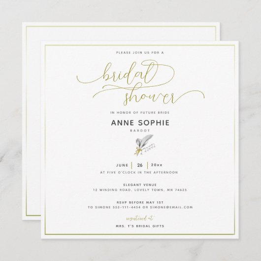 Bloemige Lily Valley Goud Calligrafie Bruidsdouche Kaart (Voorkant / Achterkant)