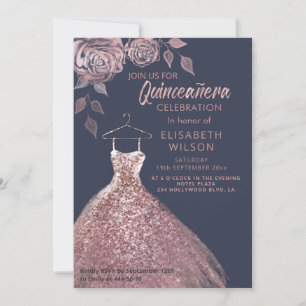 Bloemige lovertjes roze gouden jurk Quinceañera Kaart