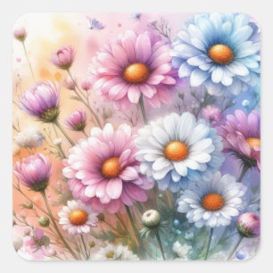 Bloemige madeliefjes waterverf in zachte pastelkle vierkante sticker