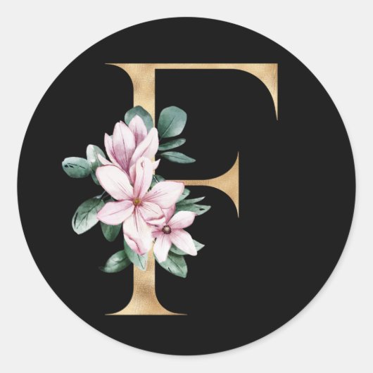 Bloemige magnolia-monogram in gouden letter F Ronde Sticker (Voorkant)