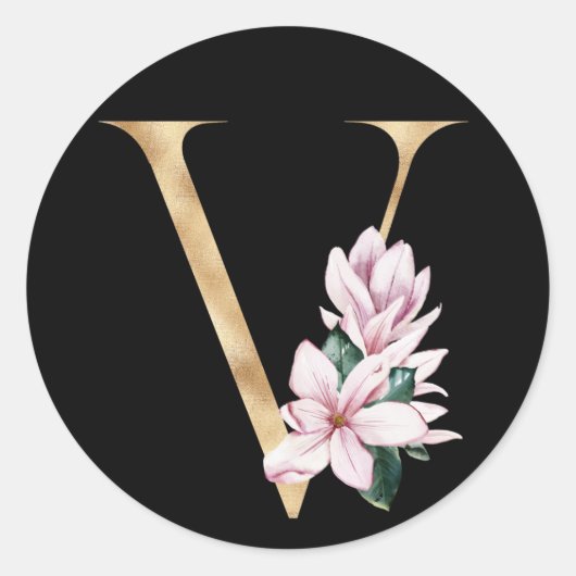 Bloemige magnolia-monogram in gouden letter V Ronde Sticker (Voorkant)