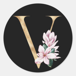 Bloemige magnolia-monogram in gouden letter V Ronde Sticker