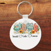 Bloemige Mama met namen van kinderen sleutelhanger (Voorkant)