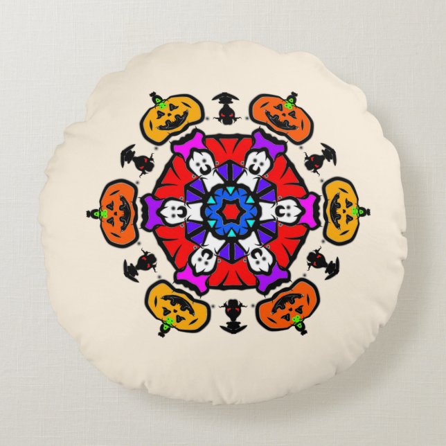 Bloemige Mandala Naadloos Patroon Rond Kussen (Voorkant)
