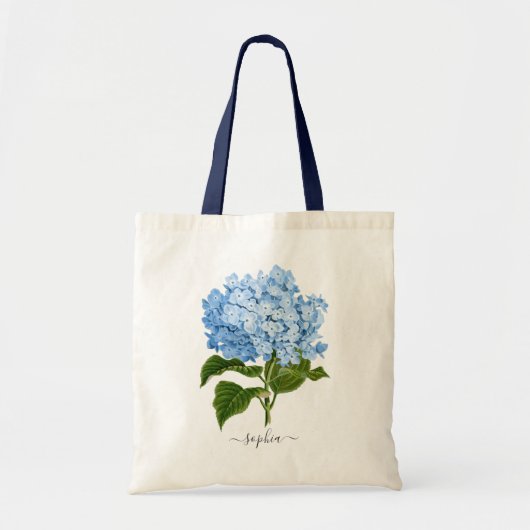 Bloemige marineblauwe hortensia botanische geperso tote bag (Voorkant)