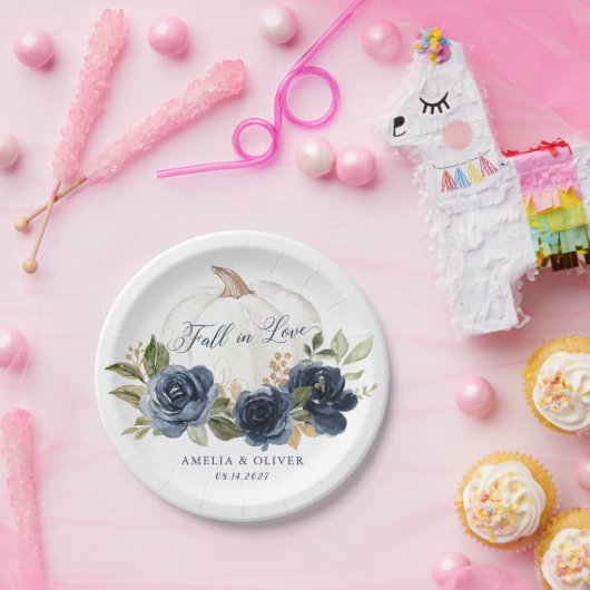Bloemige marineblauwe pompoen bruiloft verliefd papieren bordje (Feest)