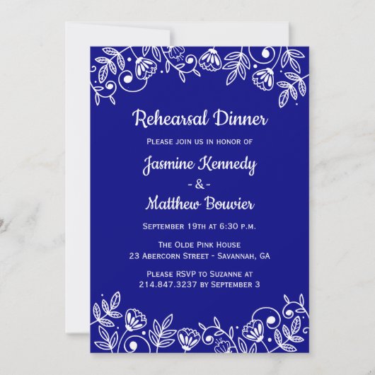 Bloemige marineblauwe repetitie diner bruiloftsblo kaart (Voorkant)