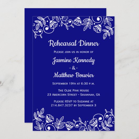 Bloemige marineblauwe repetitie diner bruiloftsblo kaart (Voorkant / Achterkant)
