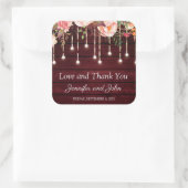 Bloemige Maroon Houten Bruiloft Rustiek Vierkante Sticker (Tas)