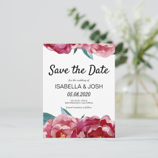 Bloemige Marsala Bourgondië Pioen Save the Date Aankondigingskaart (Staand voorkant)