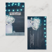 Bloemige Mason Jar & Blauwe Lichten Rustieke Bruil Visitekaartje (Voorkant / Achterkant)