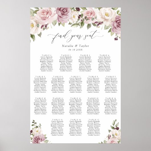 Bloemige Mauve Blush 17 Tafel Trouw Stoelenkaart Poster (Voorkant)
