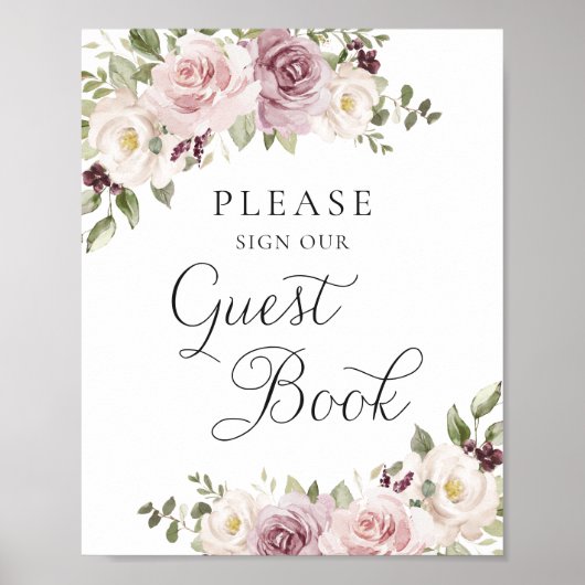 Bloemige Mauve Blush Elegant Trouwgastenboek Poster (Voorkant)