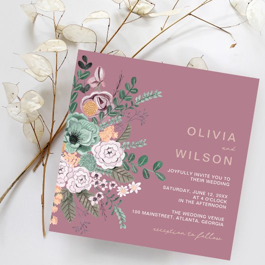 Bloemige Mauve Zomer Eucalyptus Boho Bruiloft Kaart