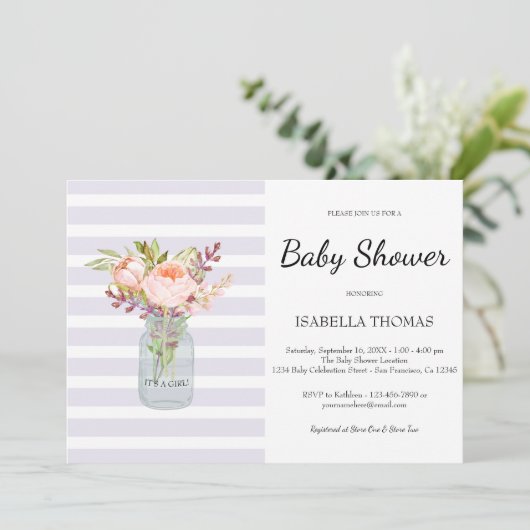 Bloemige Metselpot Paarse Strepen Baby Shower Kaart (Staand voorkant)
