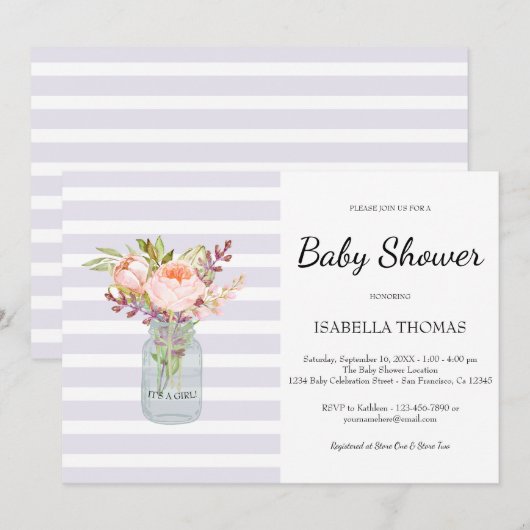 Bloemige Metselpot Paarse Strepen Baby Shower Kaart (Voorkant / Achterkant)