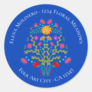 Bloemige Mexicaanse Fiesta Bloemen Koningsblauw Ad Ronde Sticker