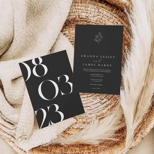 Bloemige Minimalistische Elegante Zwart&Wit Trouwd Kaart