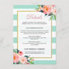 Bloemige mintgroene strepen gouden trouwdetails informatiekaartje