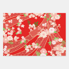 Bloemige Mix Kimono Patroon Kersteditie. Inpakpapier Vel
