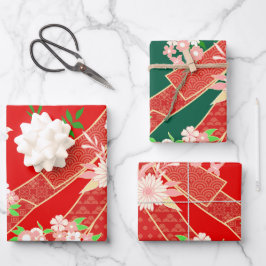 Bloemige Mix Kimono Patroon Kersteditie. Inpakpapier Vel