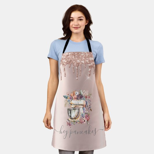 Bloemige Mixer Glitter Drips Roze Goud Schort (Gedragen)