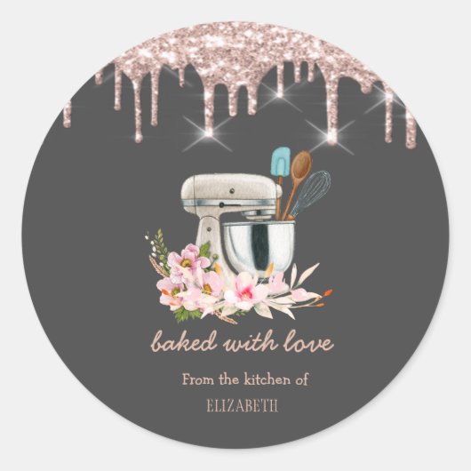 Bloemige Mixer Glitter Druppels Bakkerij   Ronde Sticker (Voorkant)