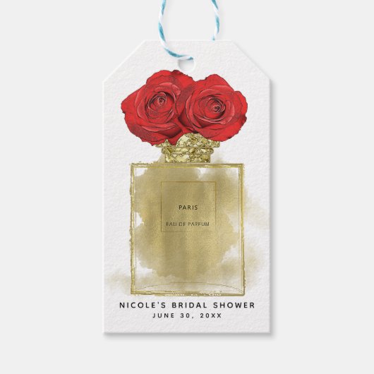 Bloemige Mode Parfumfles Rode Rozen Gouden Glamour Cadeaulabel (Voorkant)