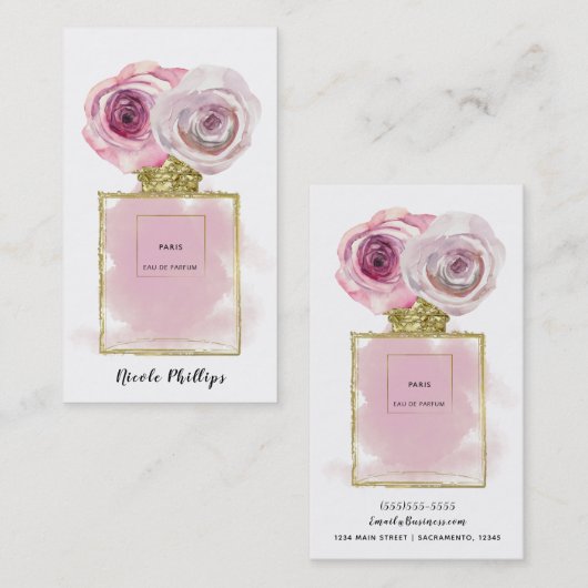 Bloemige Mode Parfumfles Roze Rozen Gouden Glamour Visitekaartje (Voorkant / Achterkant)