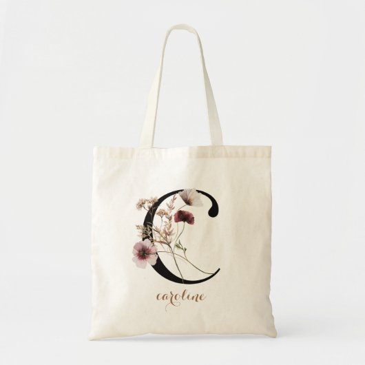 Bloemige Moderne Gepersonaliseerde Monogram Letter Tote Bag (Voorkant)