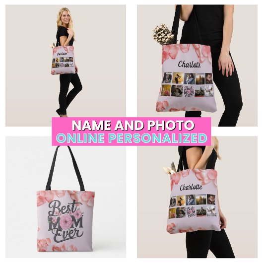 Bloemige Moeder Foto Collage Script Beste Moeder O Tote Bag