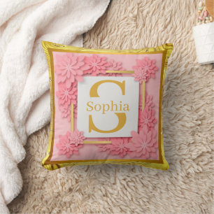 Bloemige Monogram Kunst I Aangepaste Naam Roze & G Kussen