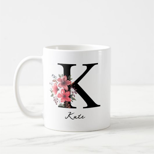 Bloemige monogramletter K Margaret aangepaste naam Koffiemok (Links)