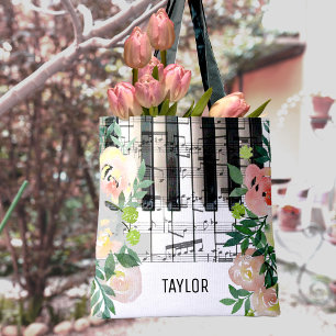 bloemige muzieknoten piano tote bag