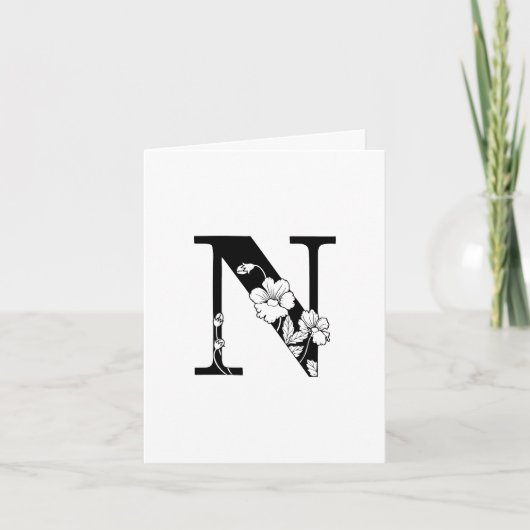 Bloemige N-monogram op witte notitiekaart (Voorkant)