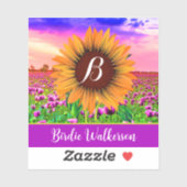 Bloemige naamstickers (met monogram zonnebloem) sticker (Vel)