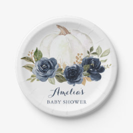 Bloemige Navy Blauwe Pompoen Baby Shower Herfst Papieren Bordje