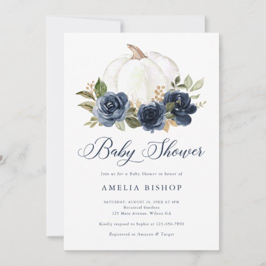 Bloemige Navy Blauwe Pompoen Gouden Blad Baby Show Kaart (Voorkant)