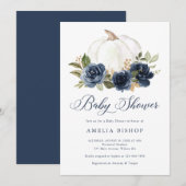 Bloemige Navy Blauwe Pompoen Gouden Blad Baby Show Kaart (Voorkant / Achterkant)