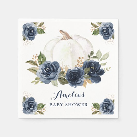 Bloemige Navy Blauwe Pompoen Herfst Baby Shower Servet (Voorkant)