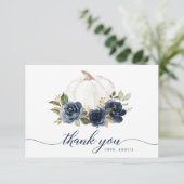 Bloemige Navy Blauwe Pompoen Herfst Dank Je Kaart (Staand voorkant)