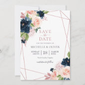 Bloemige Navy en Blush Geometrische Save the Date Kaart (Voorkant)