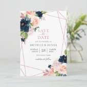 Bloemige Navy en Blush Geometrische Save the Date Kaart (Staand voorkant)