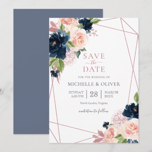 Bloemige Navy en Blush Geometrische Save the Date Kaart (Voorkant / Achterkant)