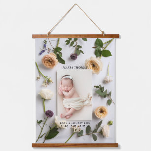 Bloemige Nieuwe Baby Naam Geboorte Stats Foto  Hangend Wandkleed