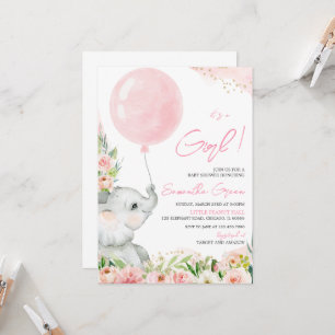 Bloemige Olifant Babyshower Uitnodiging