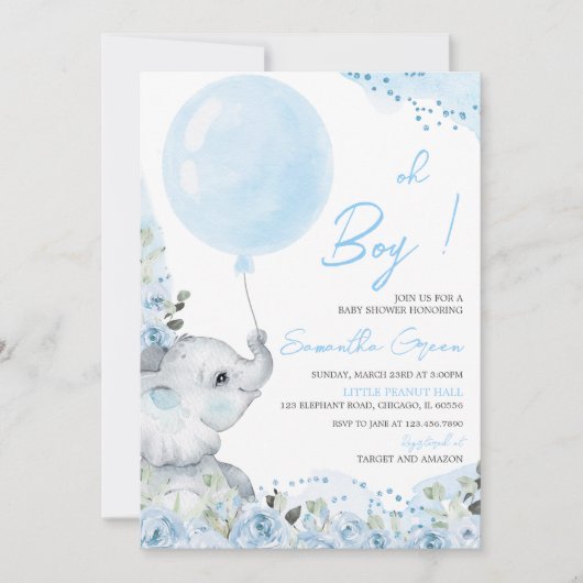 Bloemige olifant babyshower uitnodiging (Voorkant)