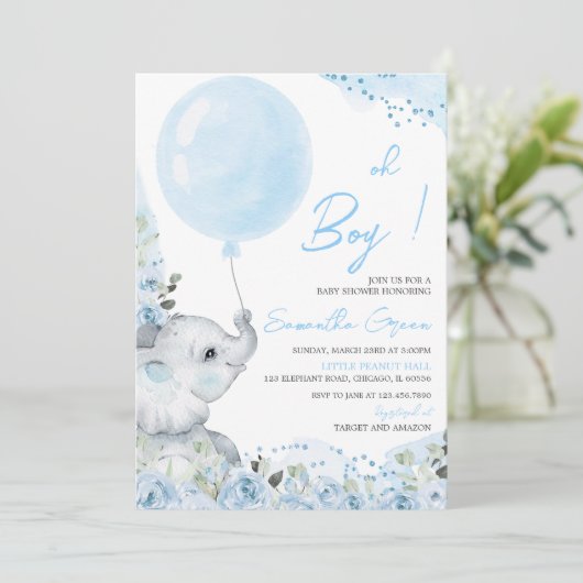 Bloemige olifant babyshower uitnodiging (Staand voorkant)